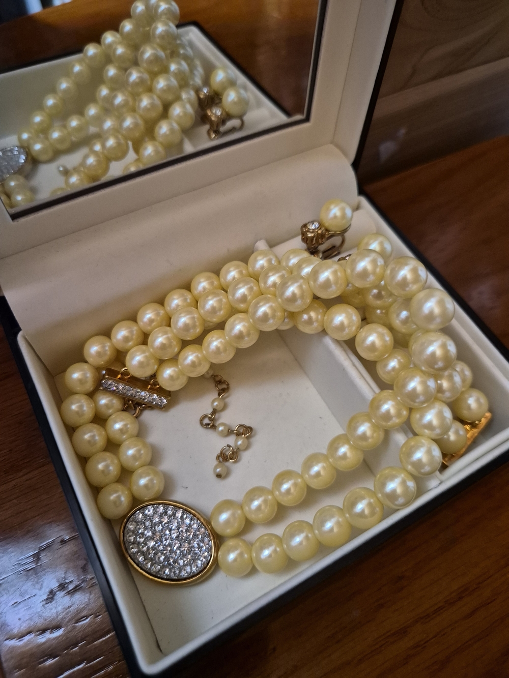 Avon Gold-Tone Pale Yellow Pearl Double Strand Necklace with Clip Earrings